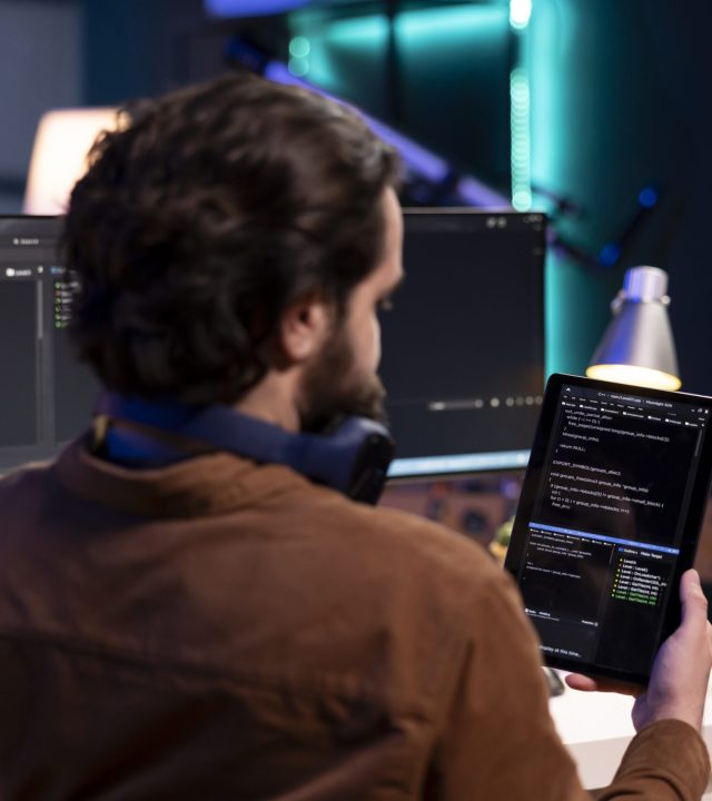 Man doing software quality assurance using tablet, reading source code before implementing it. Programmer inspecting coding on portable device, looking to fix potential bugs